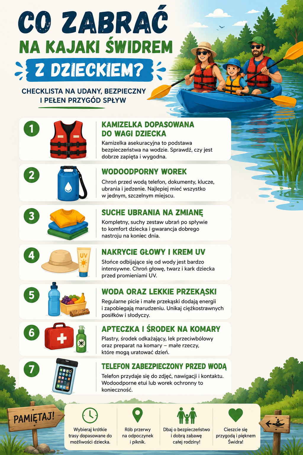 Infografika z checklistą rzeczy potrzebnych na kajaki Świdrem z dzieckiem