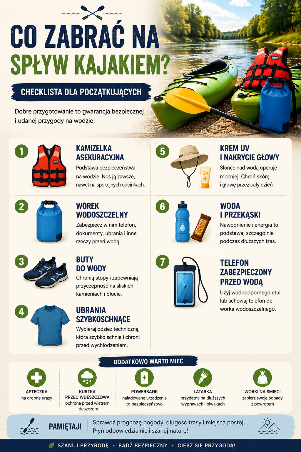 Infografika pokazująca co zabrać na spływ kajakiem i jak przygotować wyposażenie