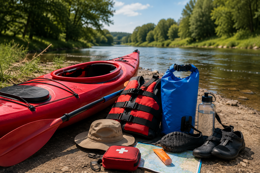 Przygotowanie do spływu kajakiem z kamizelką asekuracyjną i sprzętem outdoorowym nad rzeką