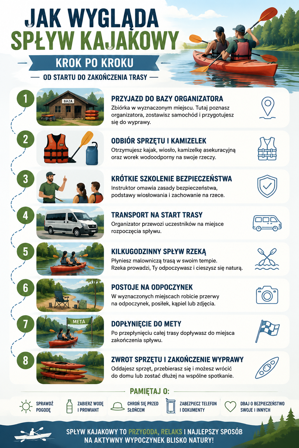 Infografika pokazująca jak wygląda spływ kajakowy od startu do zakończenia trasy